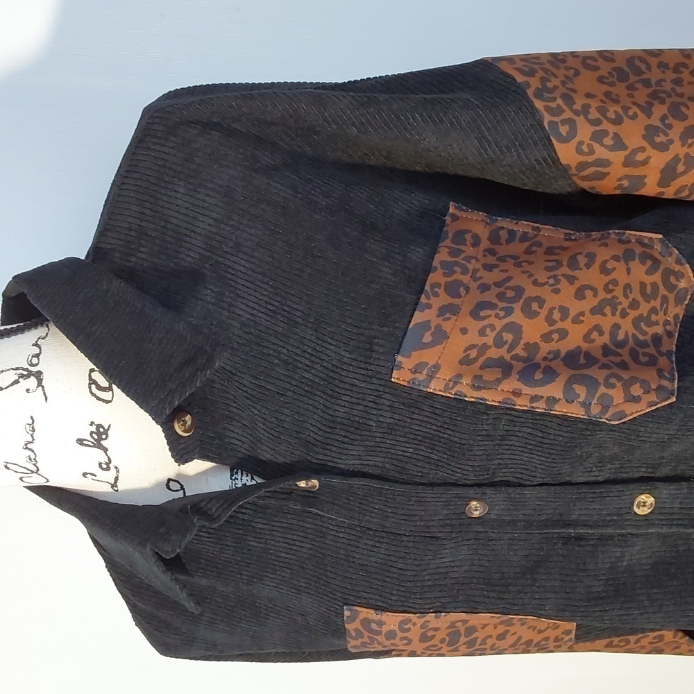 Womens Black Corduroy Top W/ Animal Print Leopard Button Down Trendy Sz.XL